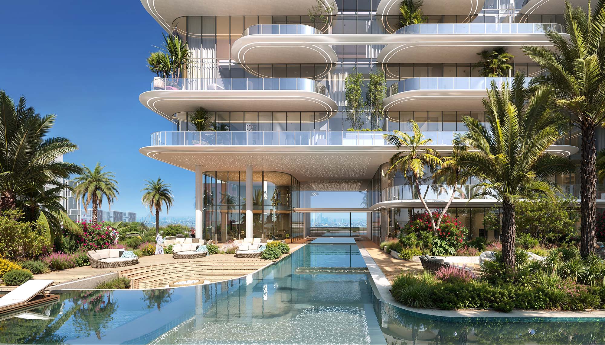Cotier House By Imtiaz A modern luxury building with balconies, surrounded by palm trees, gardens, and a serene swimming pool.